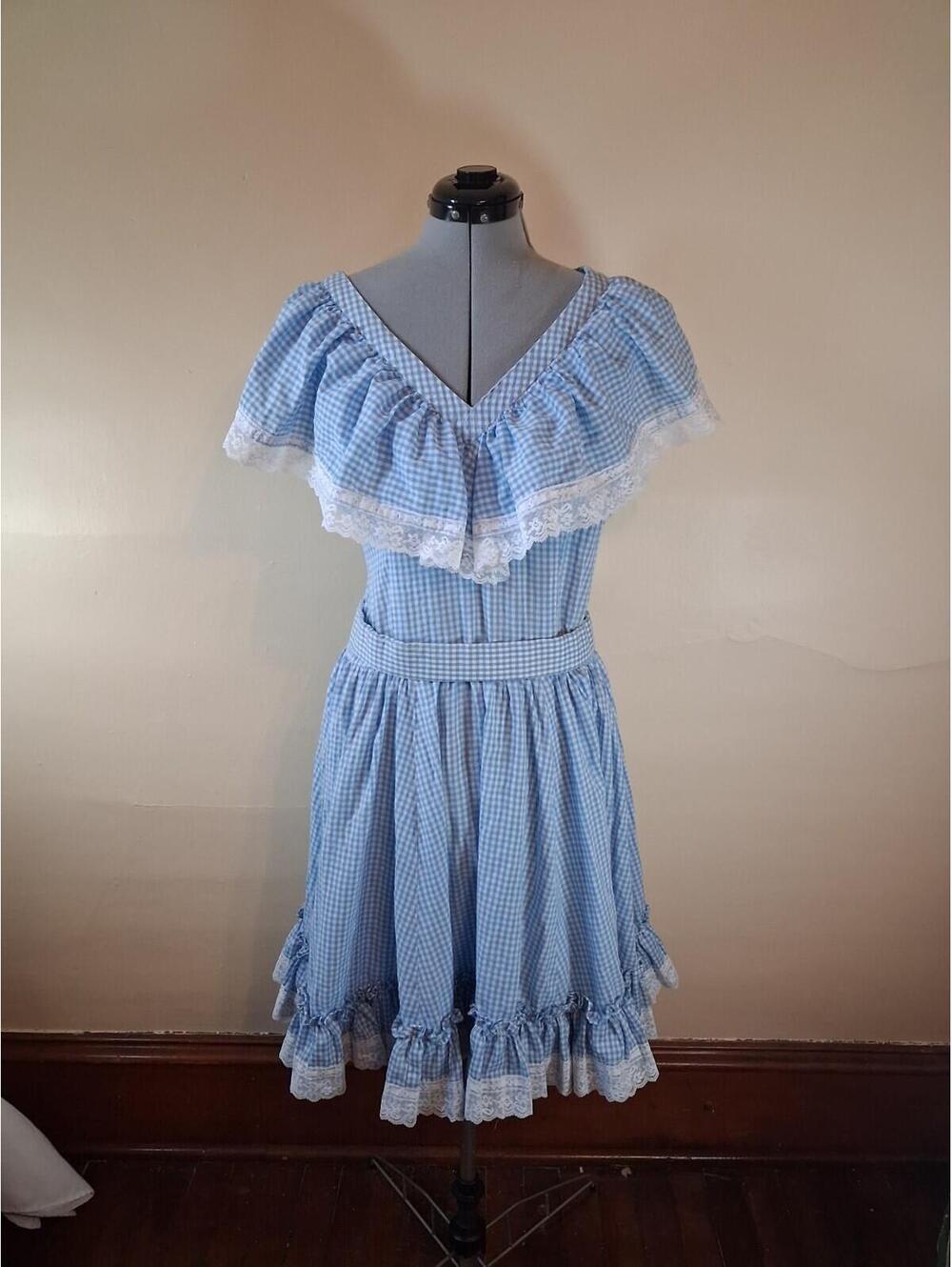 Vintag Sun Dress, Square Dancing Dress W Belt Summer Blue Gingham Cottage Picnic